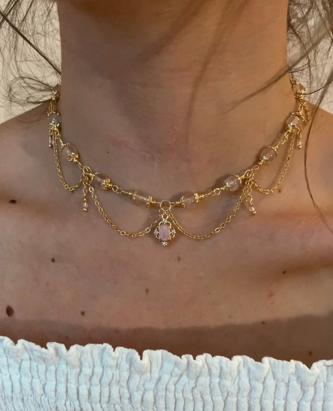 Collier « Barbie » Plaqué or, Quartz rose ou Cristal de roche