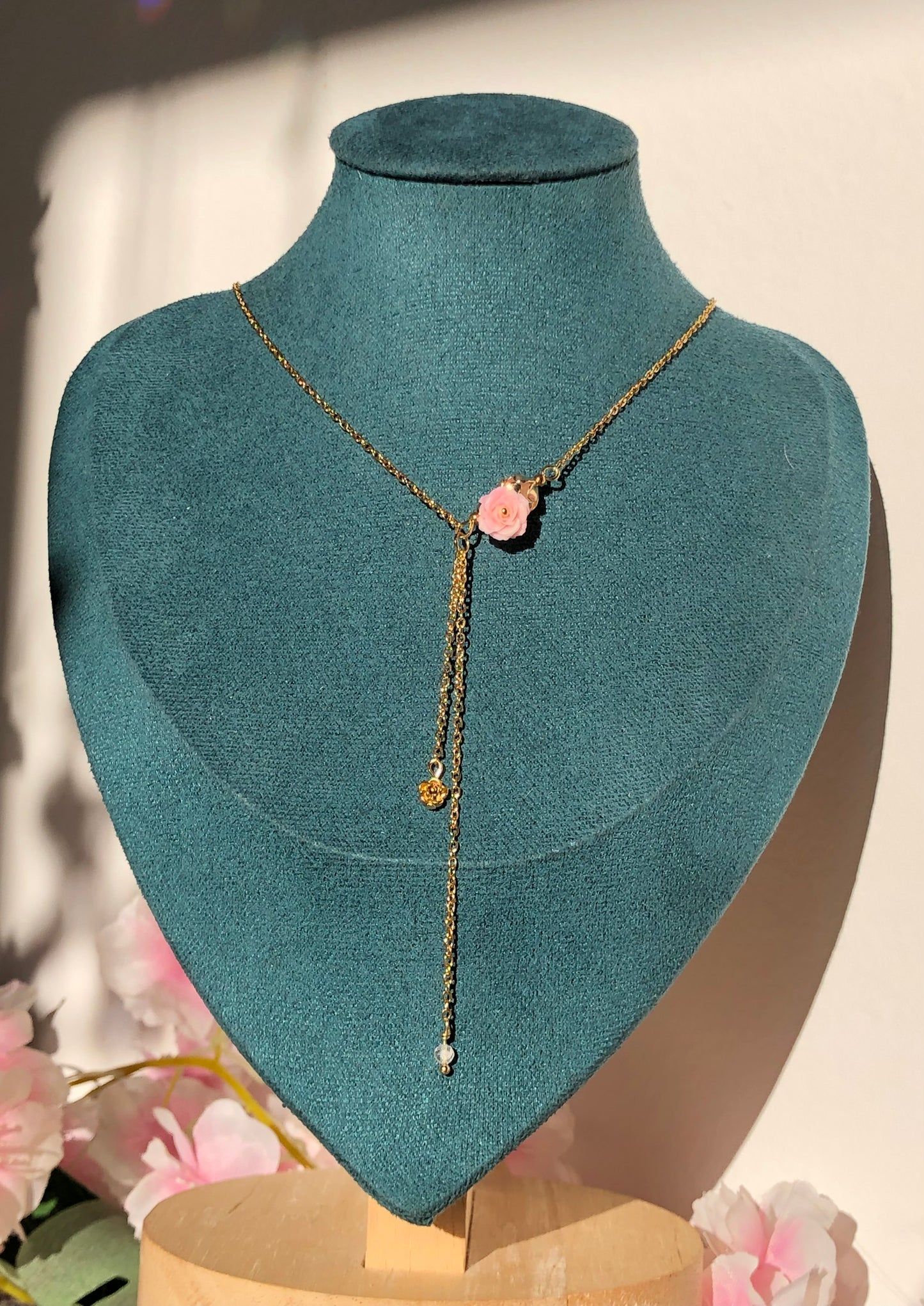 Collier Doré Quartz rose & Cristal de roche