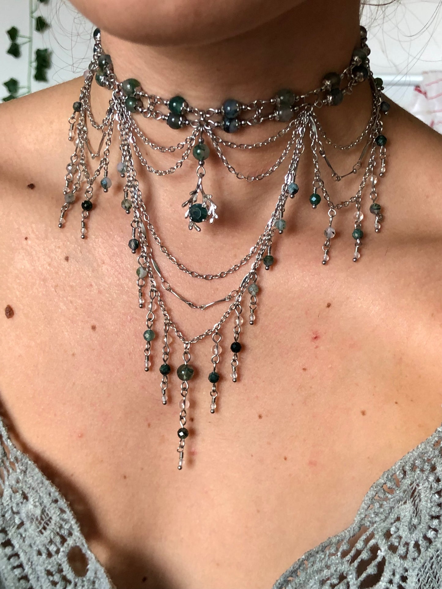 Collier « Gaïa » Agate mousse & Cristal de roche