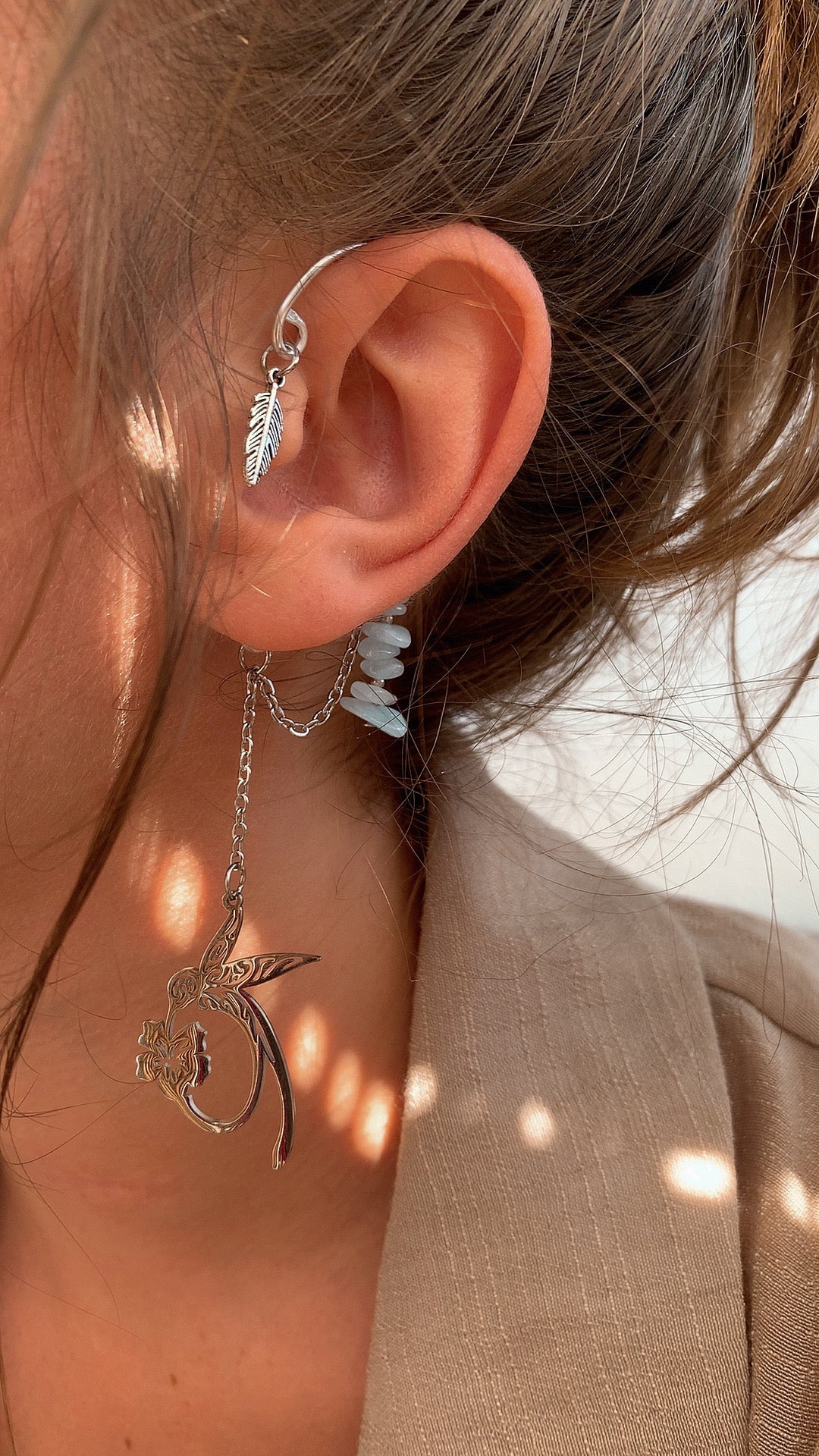 Manchettes oreilles argentées Colibri & Aigue-marine