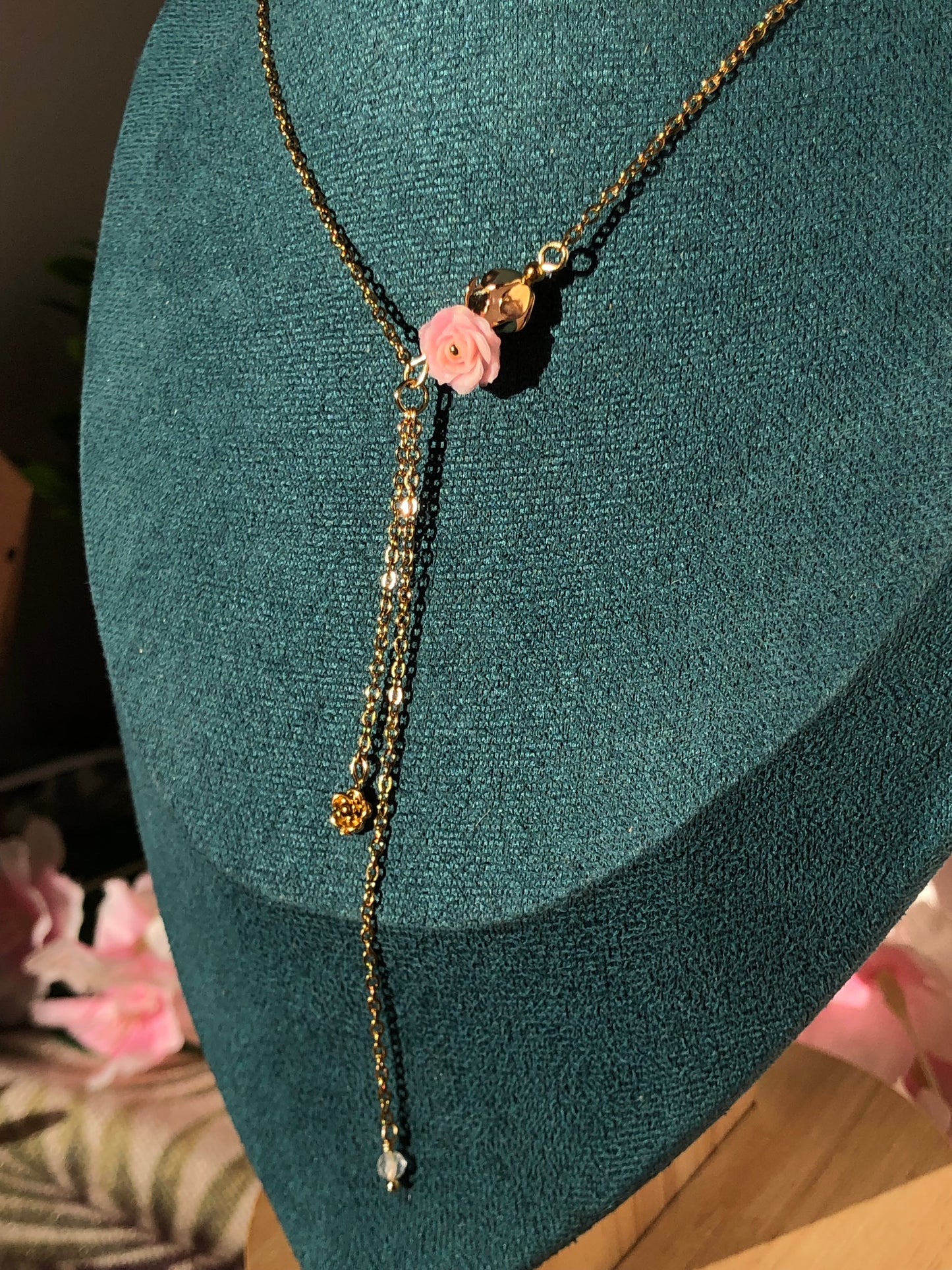 Collier Doré Quartz rose & Cristal de roche
