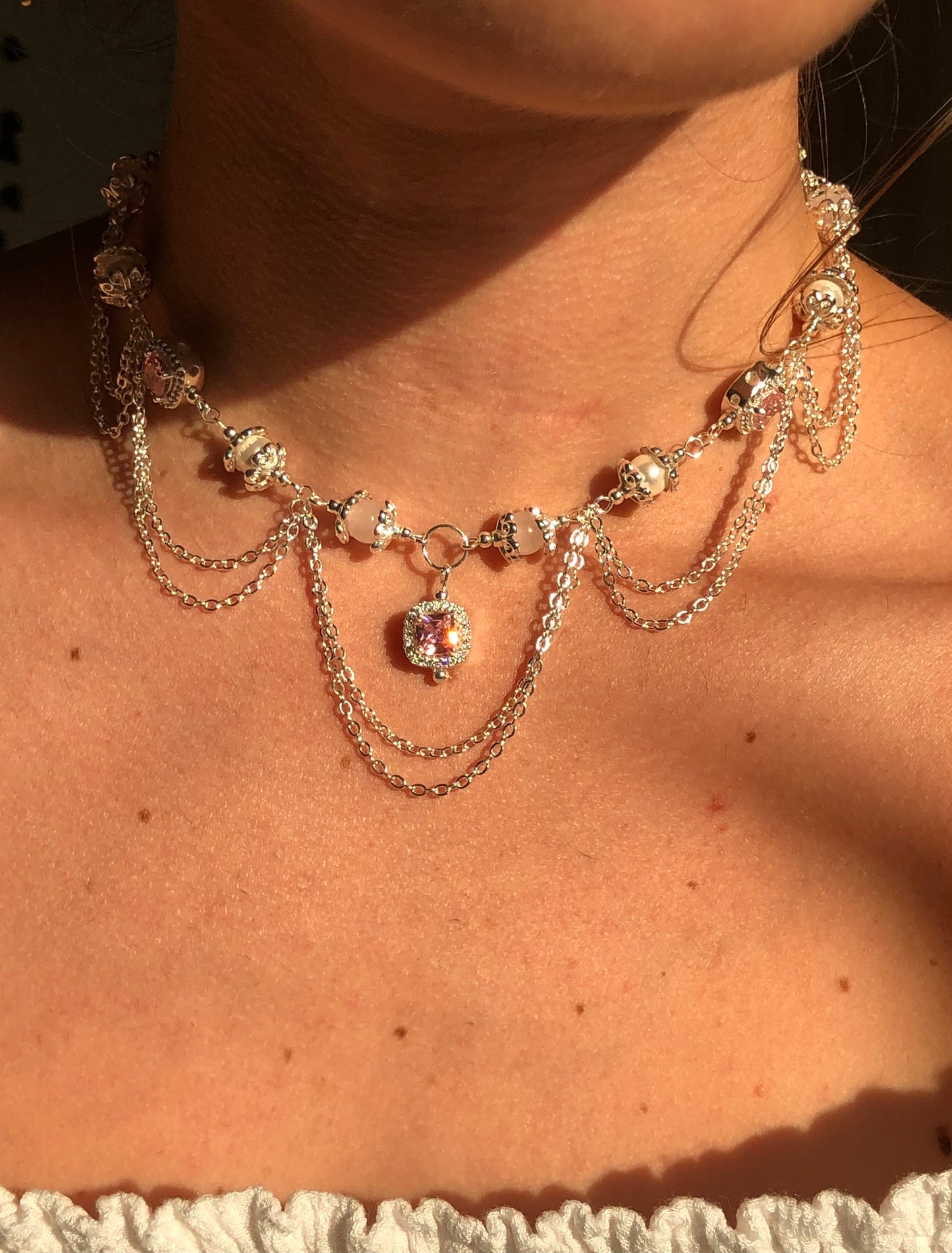Collier « Douce promesse »quartz rose & perles nacrées