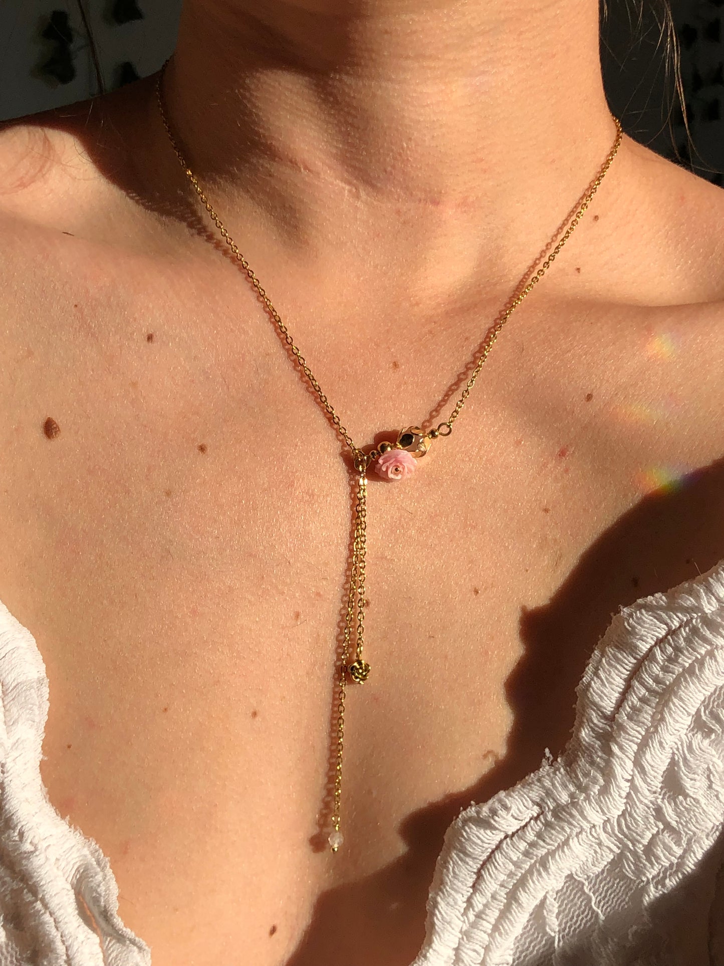 Collier Doré Quartz rose & Cristal de roche