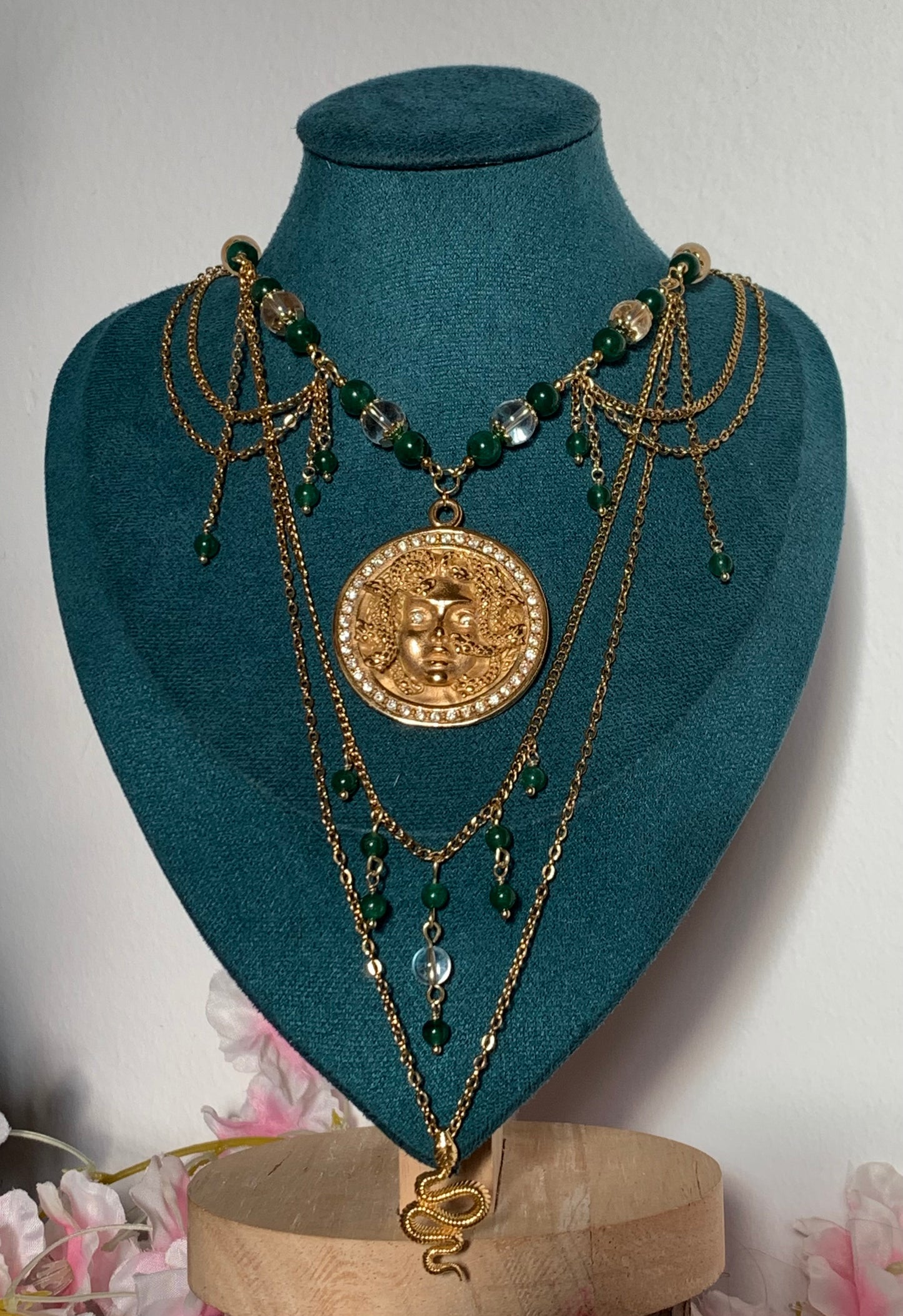 Collier « Médusa » Doré ou Argenté, Aventurine verte étoilée & Cristal de roche