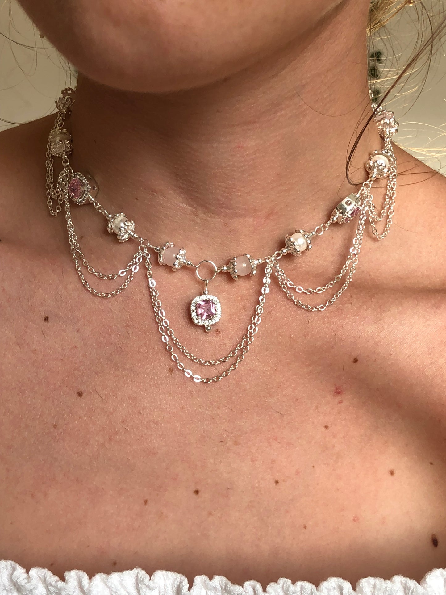 Collier « Douce promesse »quartz rose & perles nacrées