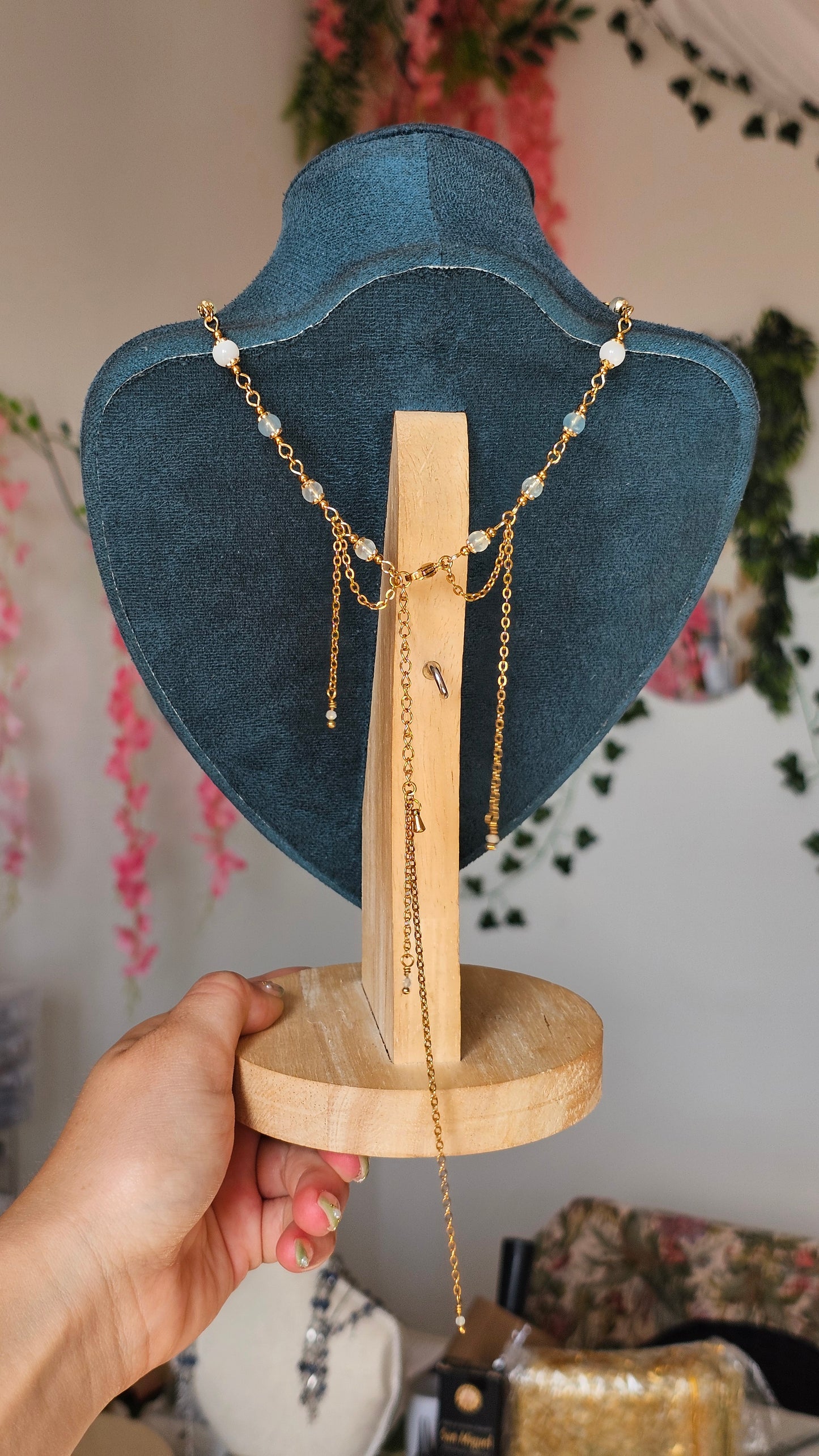 Collier Raie, Aigue-marine & perles nacrés
