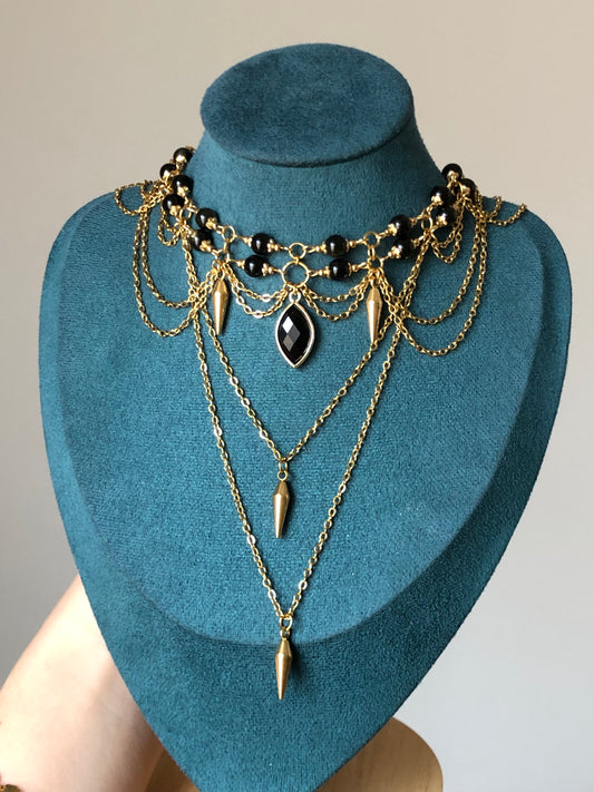 Collier « Nyx » Obsidienne noire/dorée
