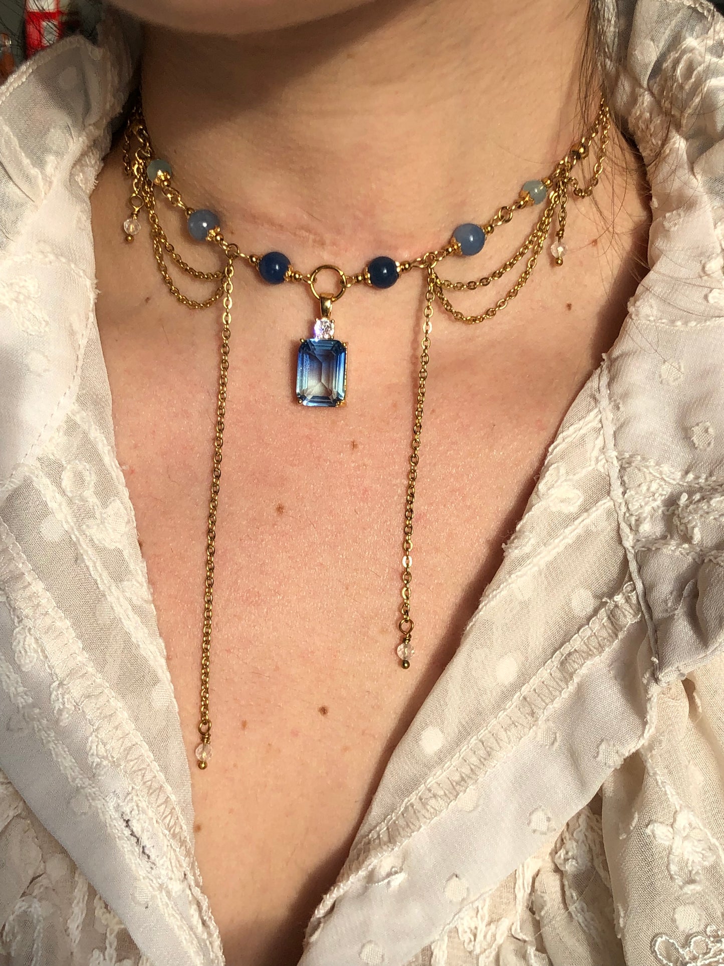 Collier « Estelle » Aventurine bleue, aigue-marine & cristal de roche