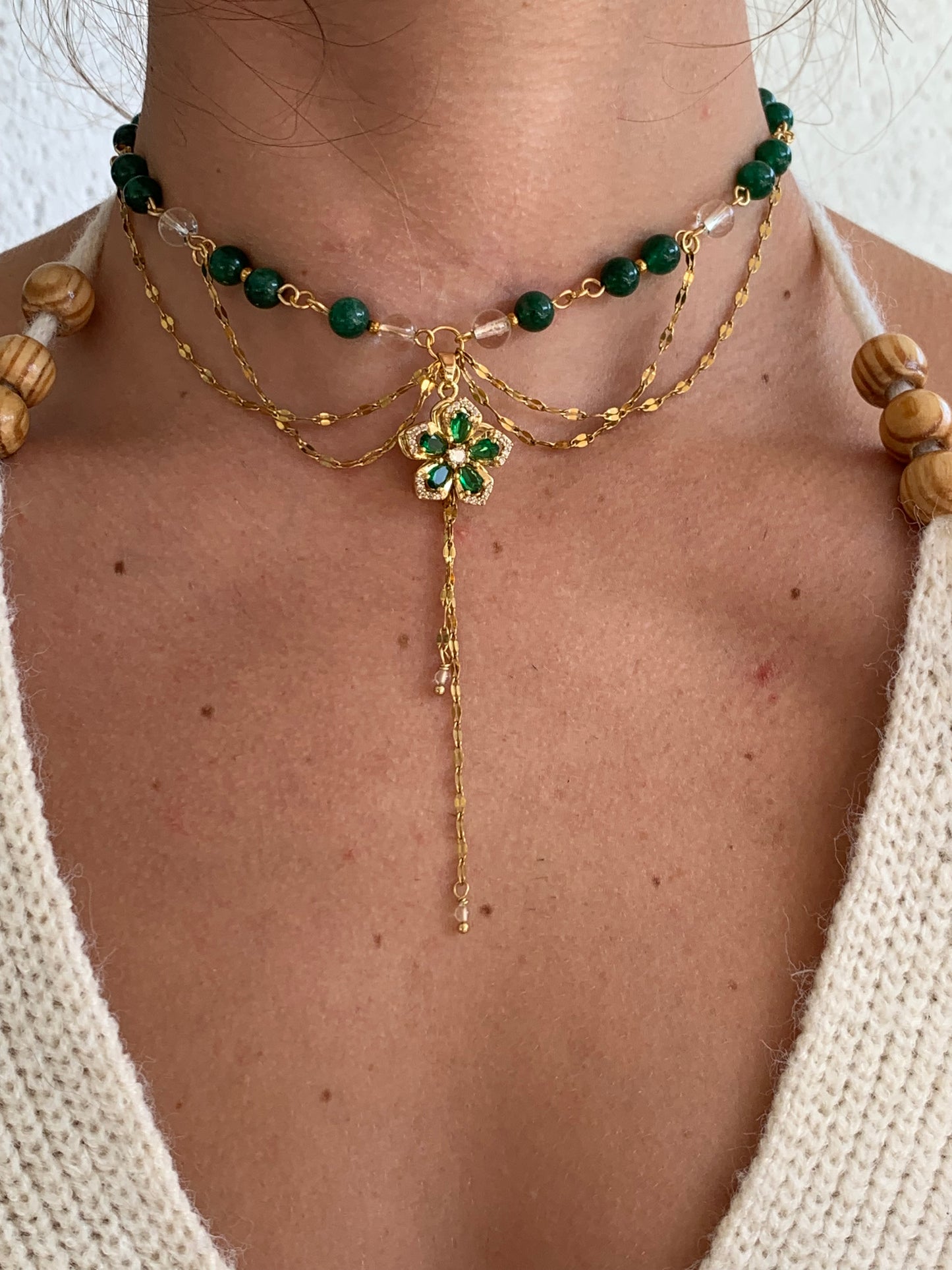 Collier « Sceolia » Aventurine verte étoilé & Cristal de roche