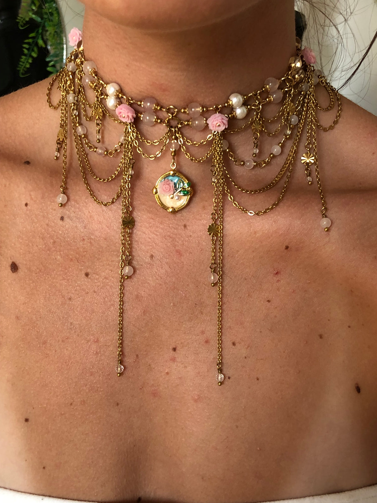 Collier "Aphrodite" Quartz rose, cristal de roche & perles nacrés