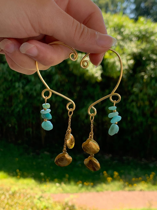 Manchettes d’oreilles doré ou argenté Coquillages & Amazonite