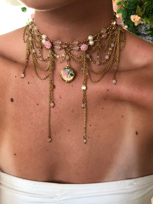 Collier "Aphrodite" Quartz rose, cristal de roche & perles nacrés