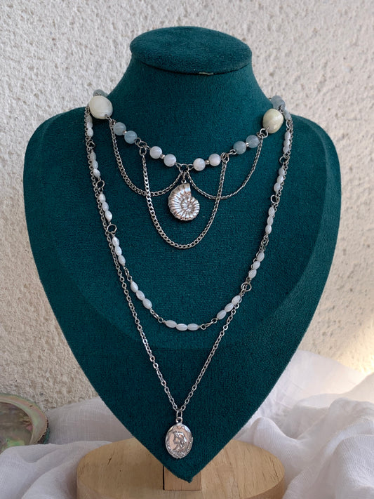 Collier « Ariel » argenté, Aigue-marine & perles nacrées