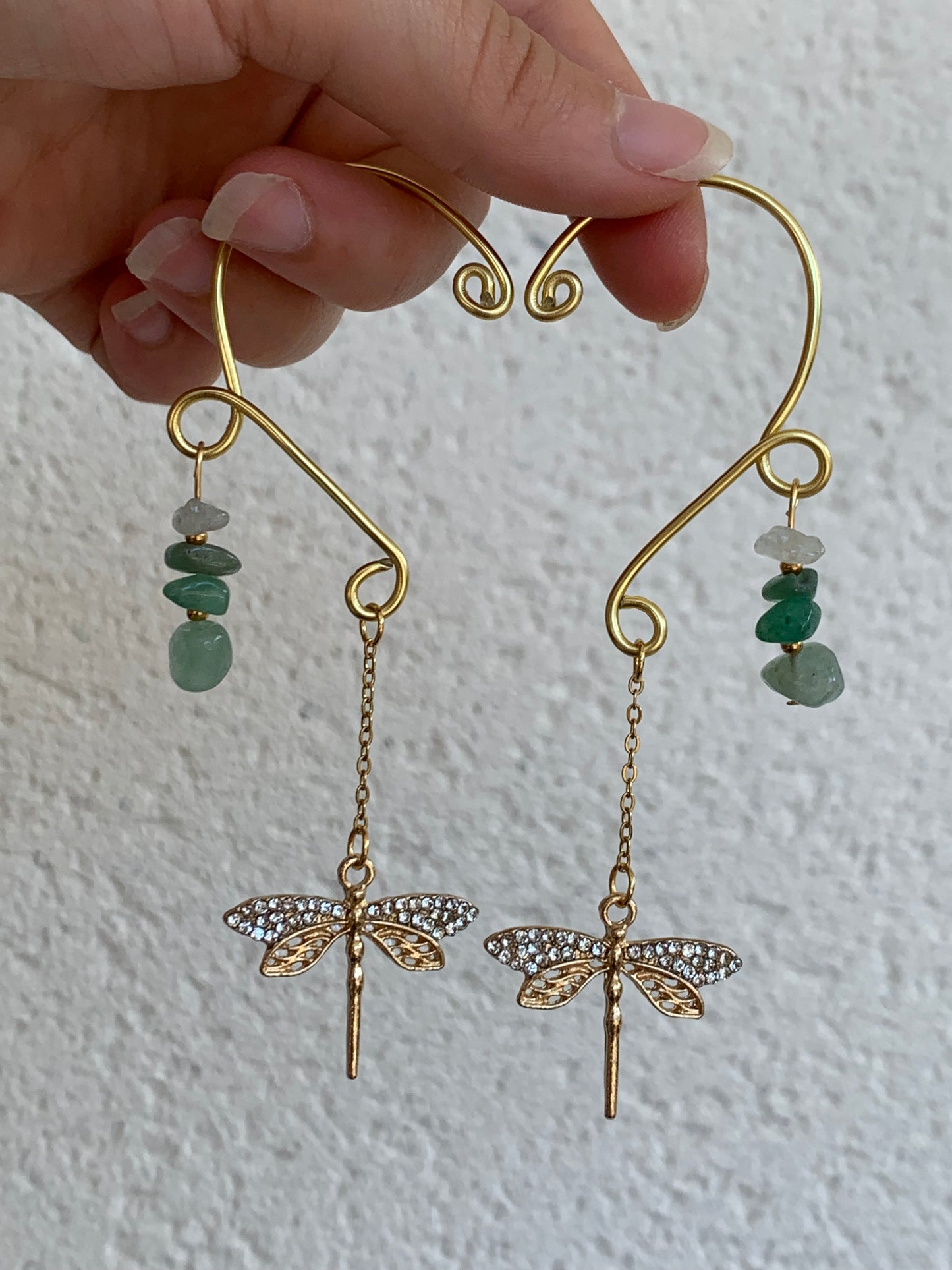 Manchettes oreilles Libellules & Aventurine verte