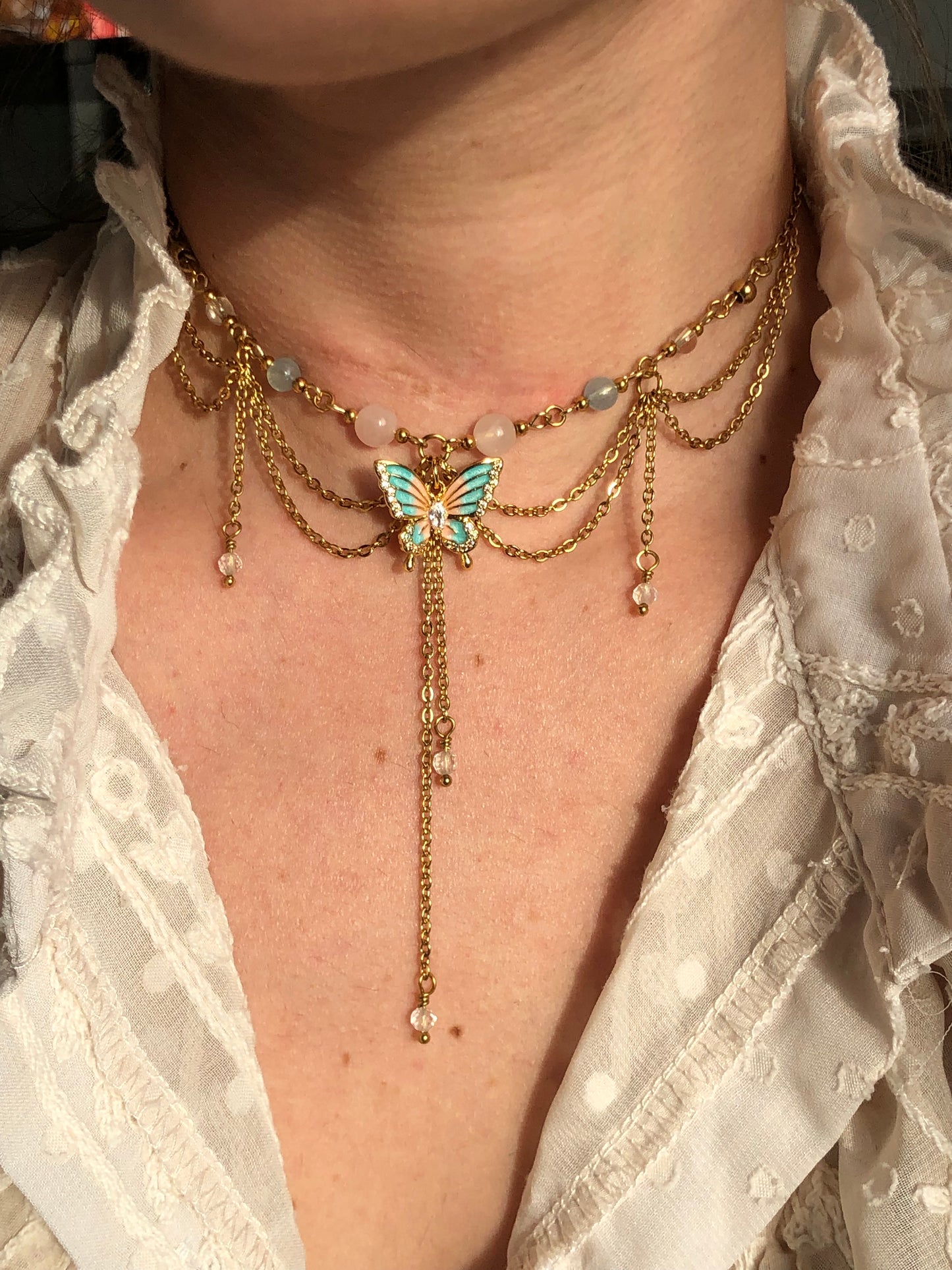 Collier « Mariposa » Quartz rose, aigue-marine & cristal de roche