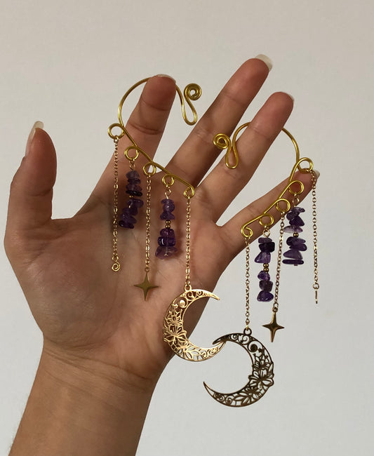 Manchettes oreilles Améthyste & Lune