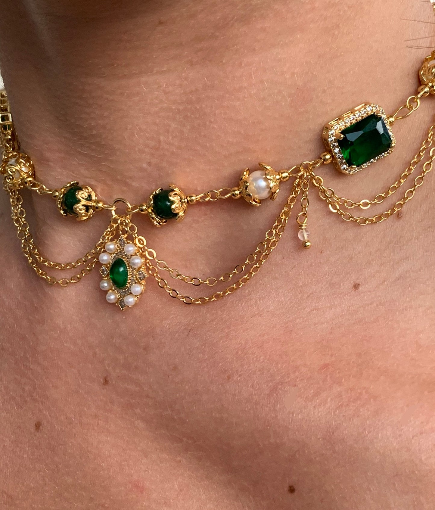 Collier « Esmeralda » plaqué or, Aventurine verte étoilé