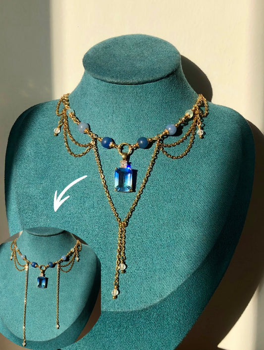 Collier « Estelle » Aventurine bleue, aigue-marine & cristal de roche