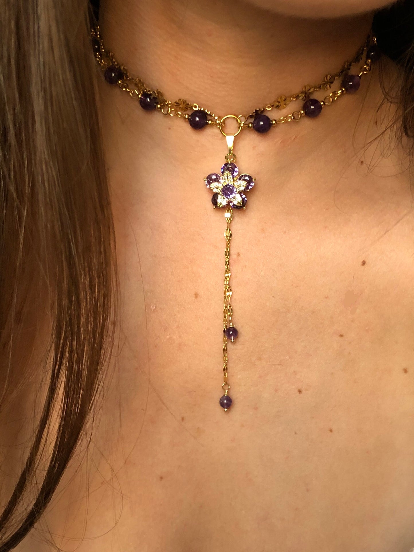 Collier « Tiffany » Fleur rotative & Améthyste