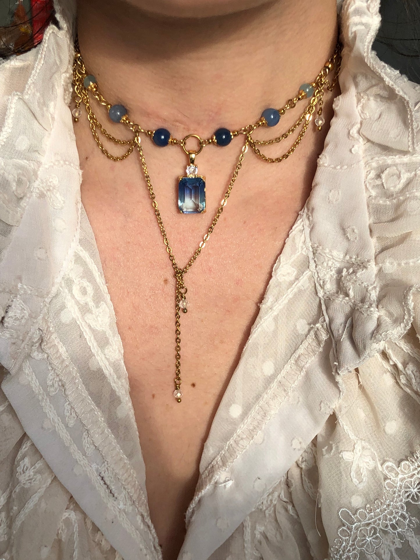 Collier « Estelle » Aventurine bleue, aigue-marine & cristal de roche