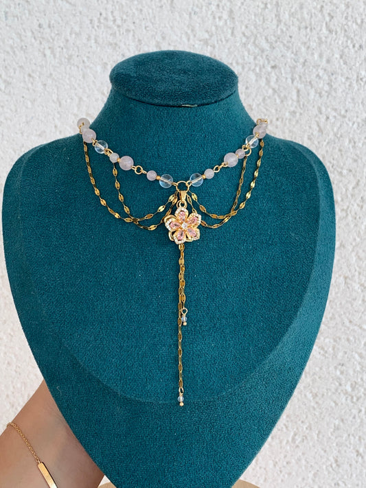 Collier « Cléome » Quartz rose & Cristal de roche