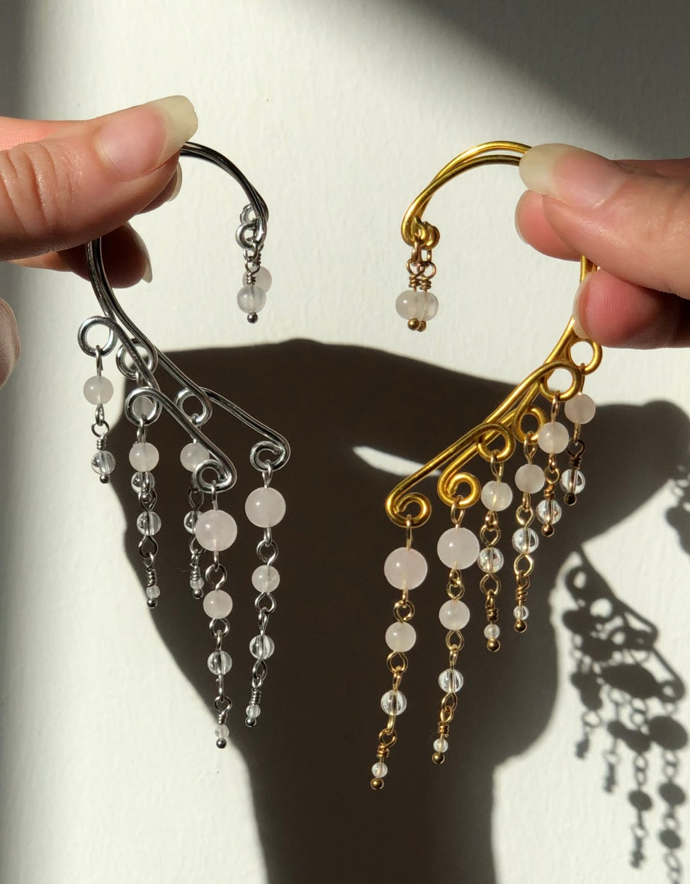 Manchettes d’oreilles Quartz rose & Cristal de roche