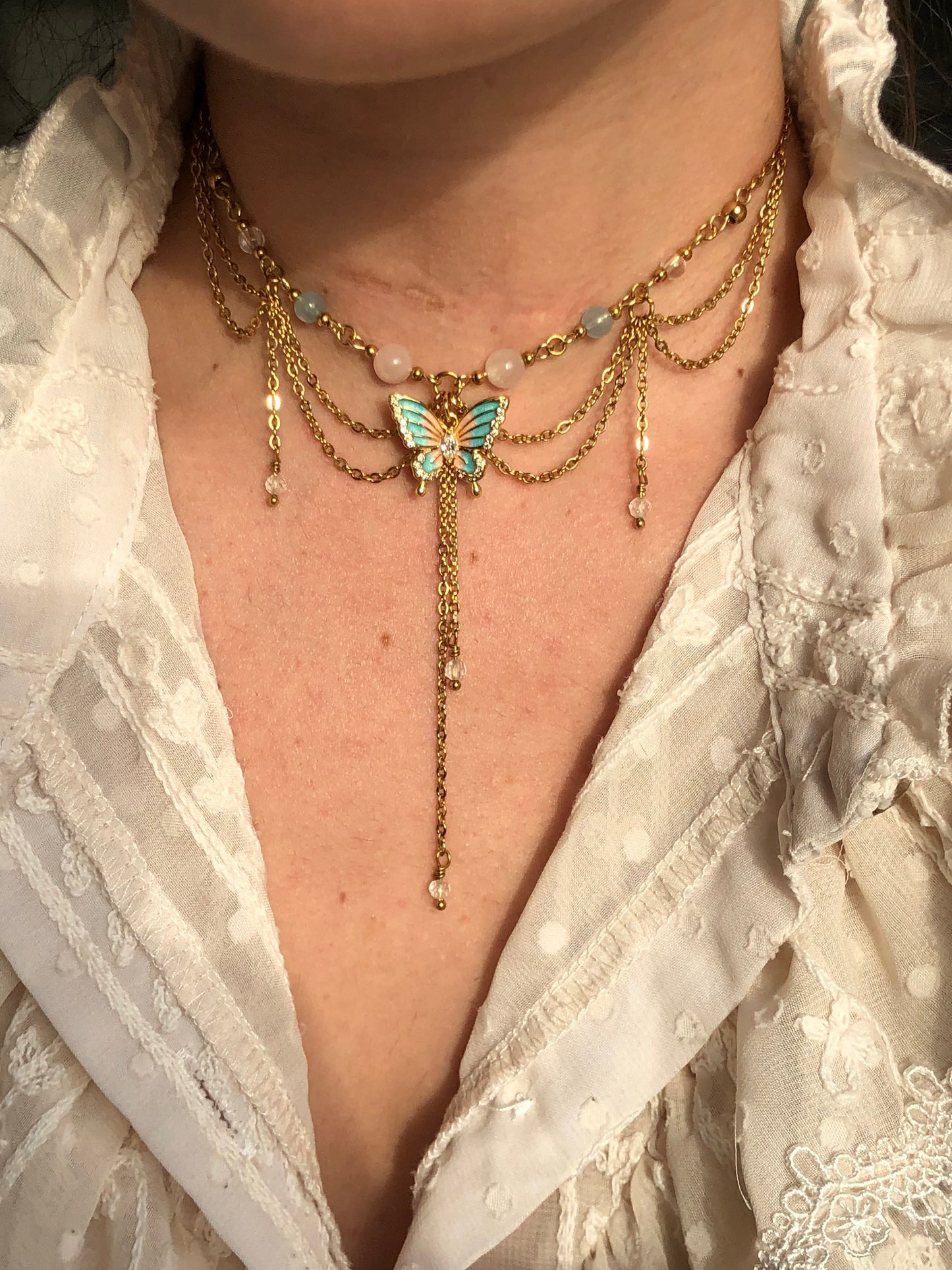 Collier « Mariposa » Quartz rose, aigue-marine & cristal de roche