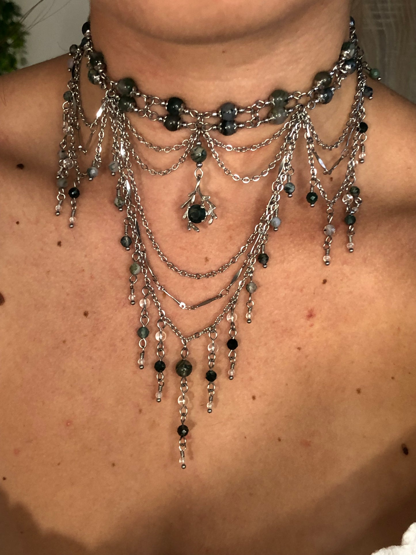 Collier « Gaïa » Agate mousse & Cristal de roche