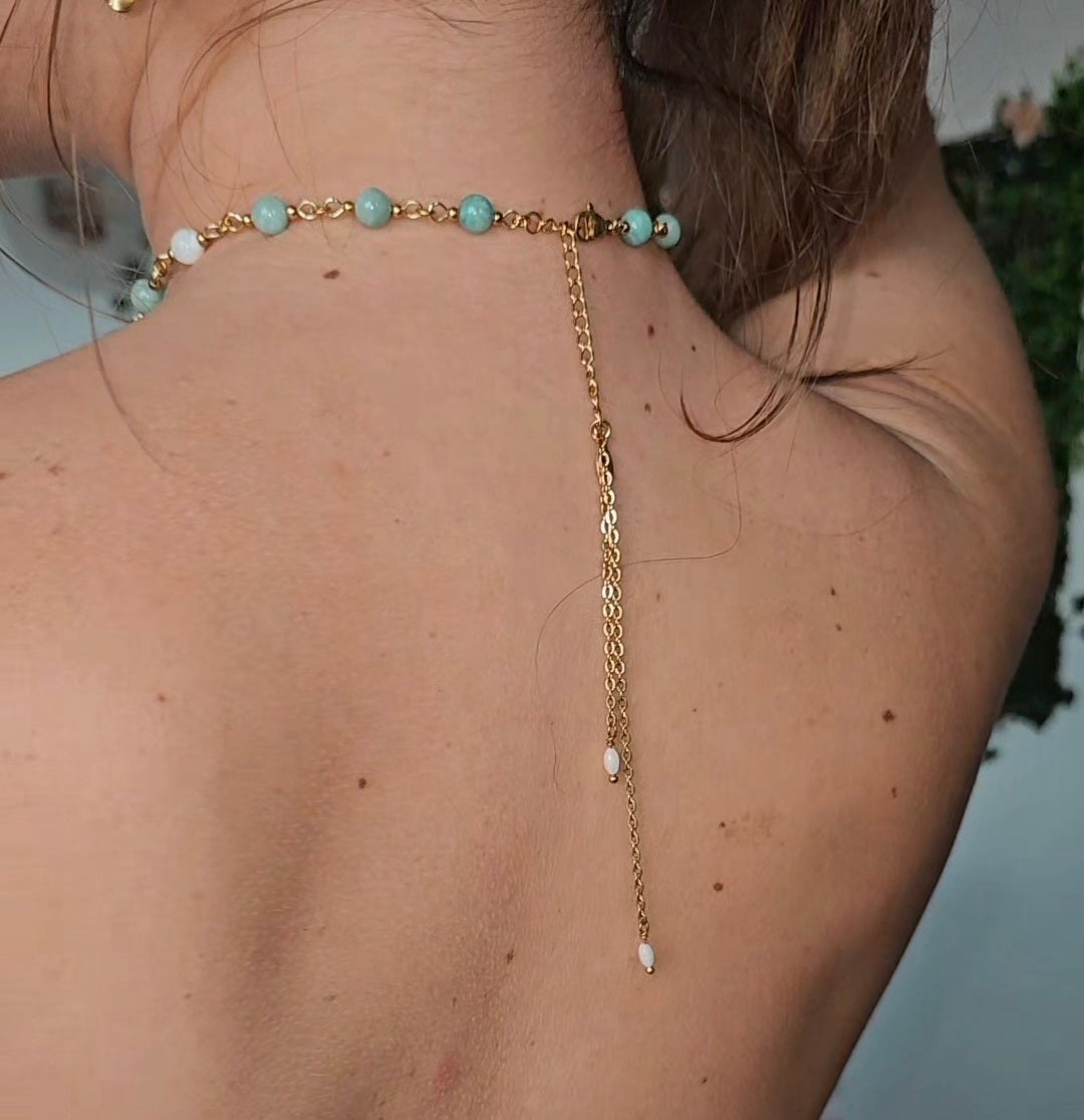Collier Tortue, Amazonite & perles nacrés