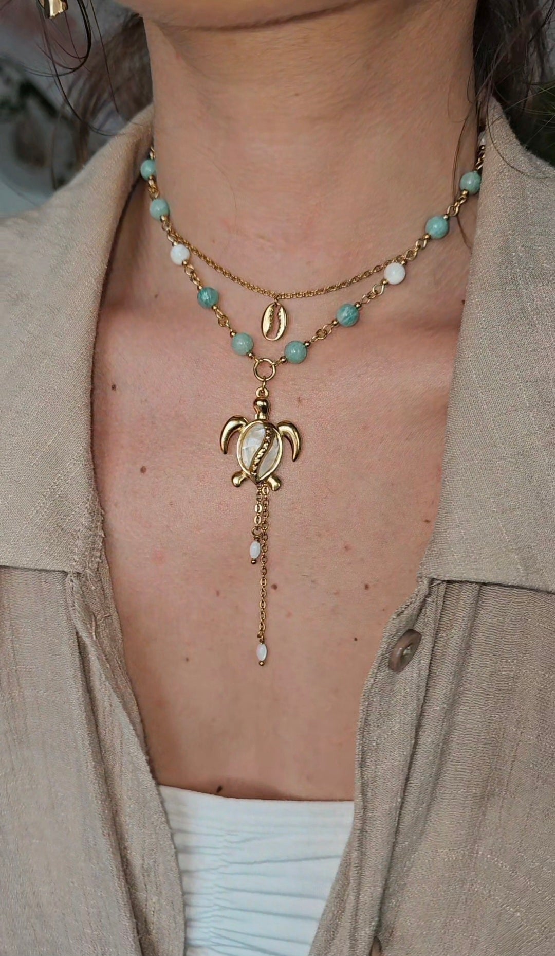 Collier Tortue, Amazonite & perles nacrés