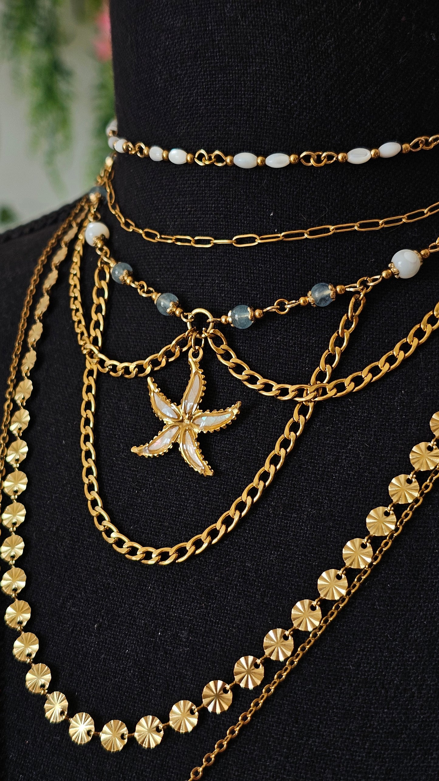 Collier Étoile de mer, Aigue-marine & perles nacrés