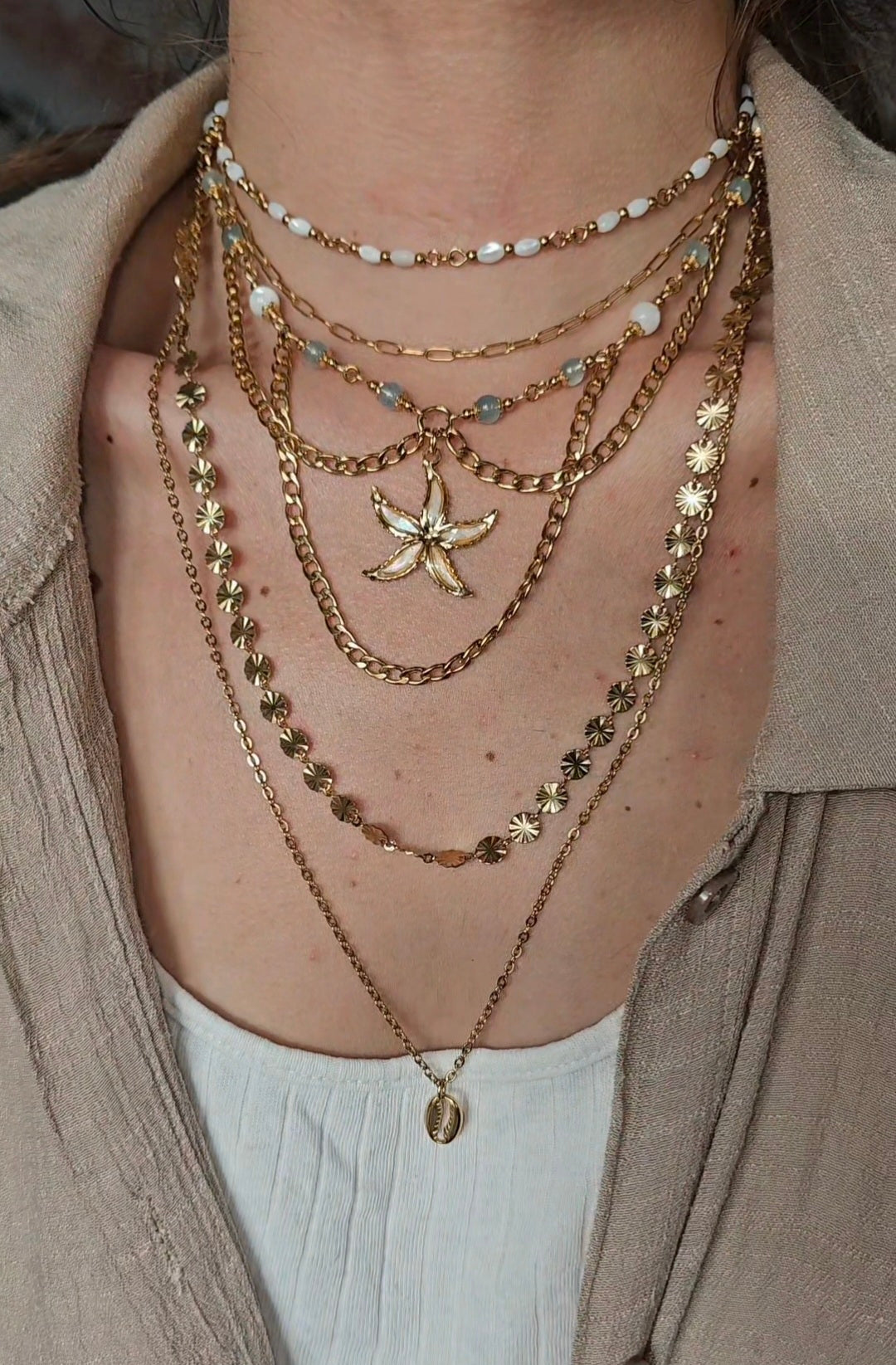 Collier Étoile de mer, Aigue-marine & perles nacrés