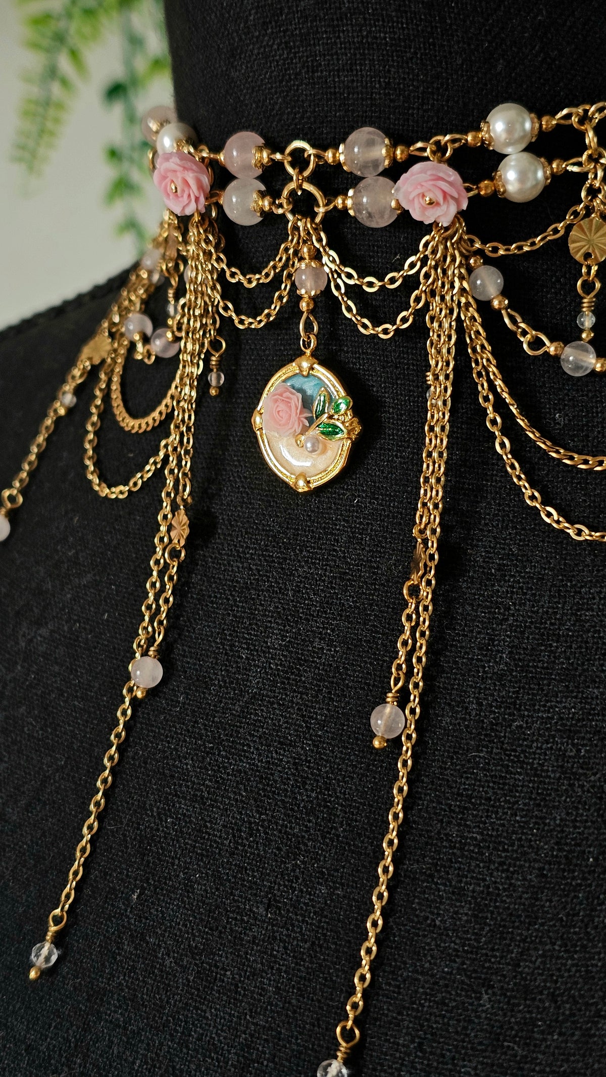 Collier "Aphrodite" Quartz rose, cristal de roche & perles nacrés
