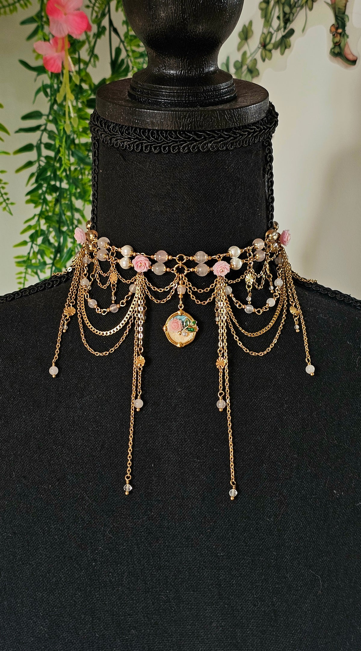 Collier "Aphrodite" Quartz rose, cristal de roche & perles nacrés