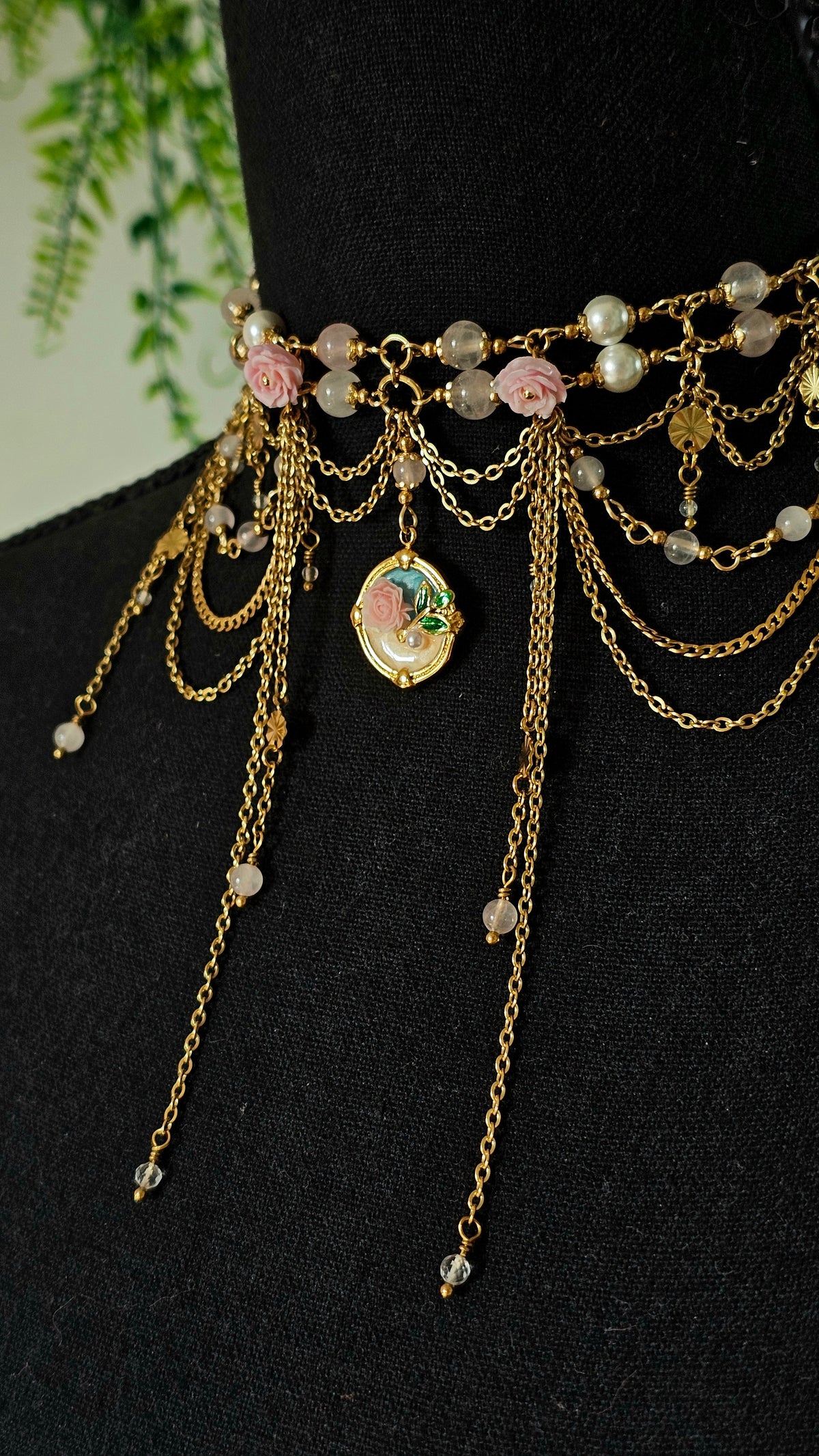 Collier "Aphrodite" Quartz rose, cristal de roche & perles nacrés