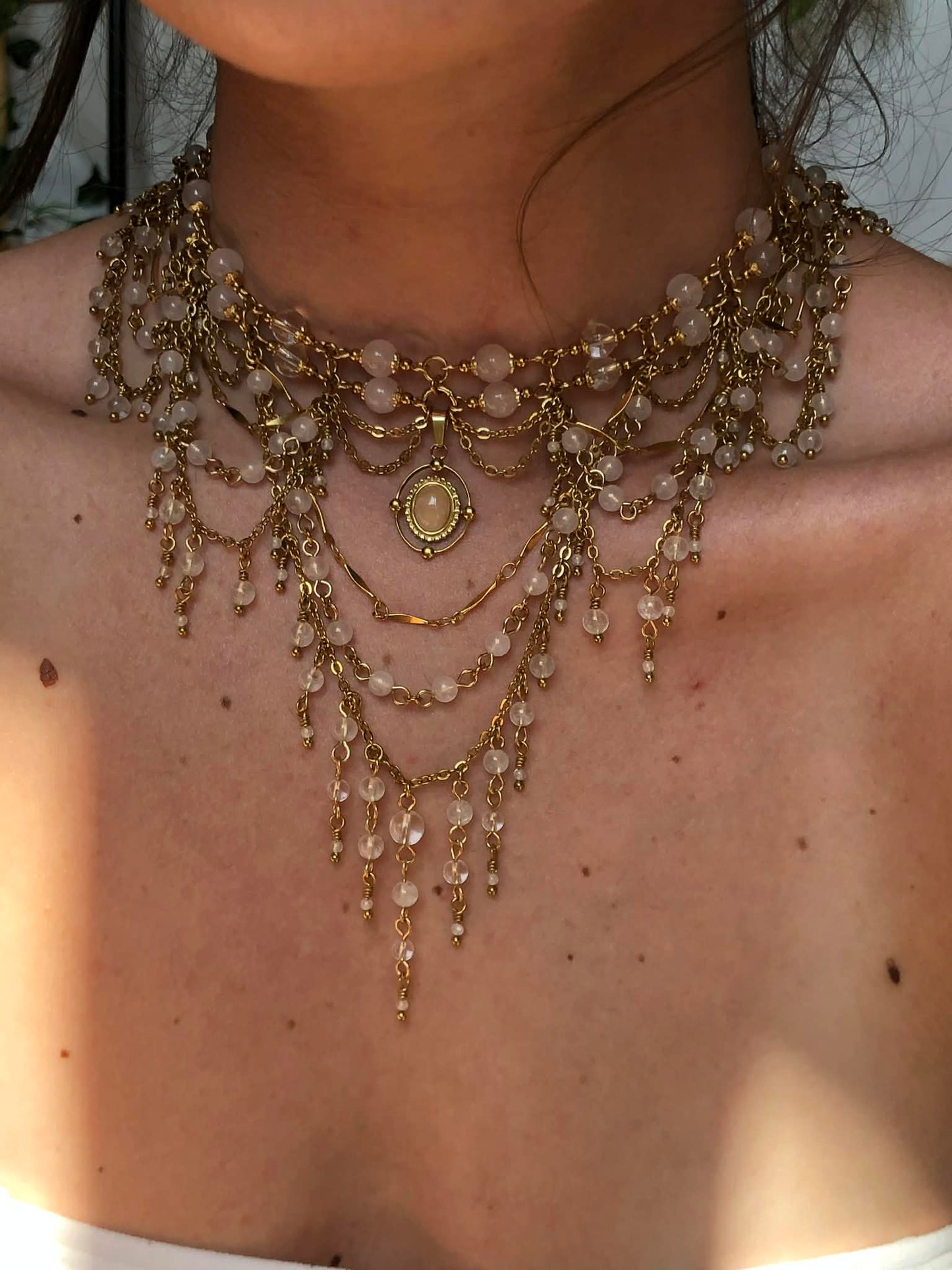 Collier "Diana" Quartz rose & Cristal de roche
