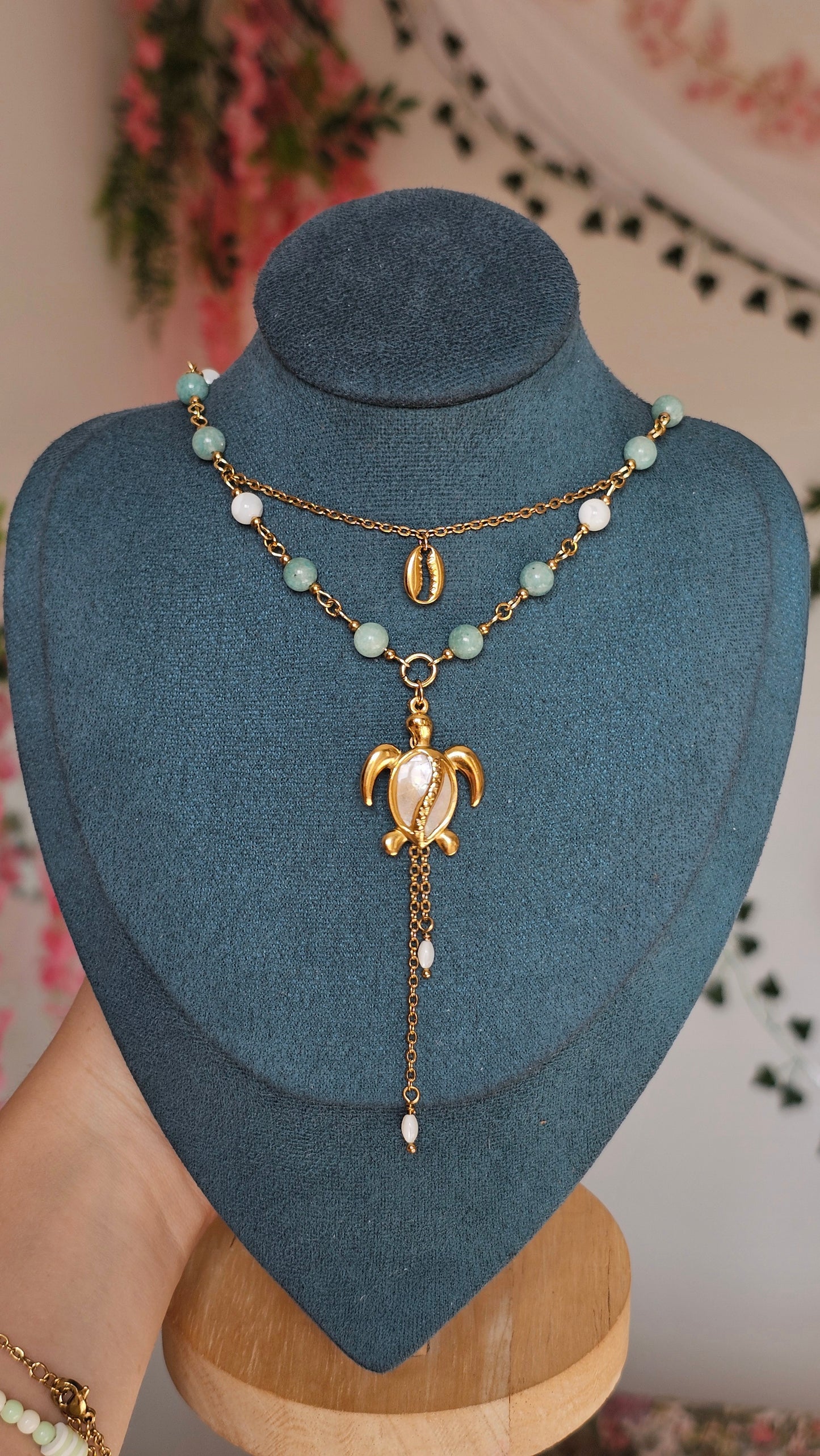Collier Tortue, Amazonite & perles nacrés