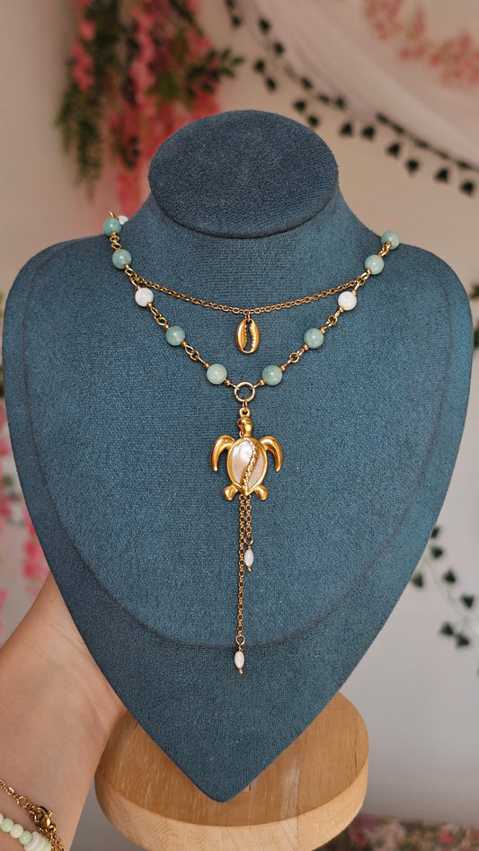 Collier Tortue, Amazonite & perles nacrés