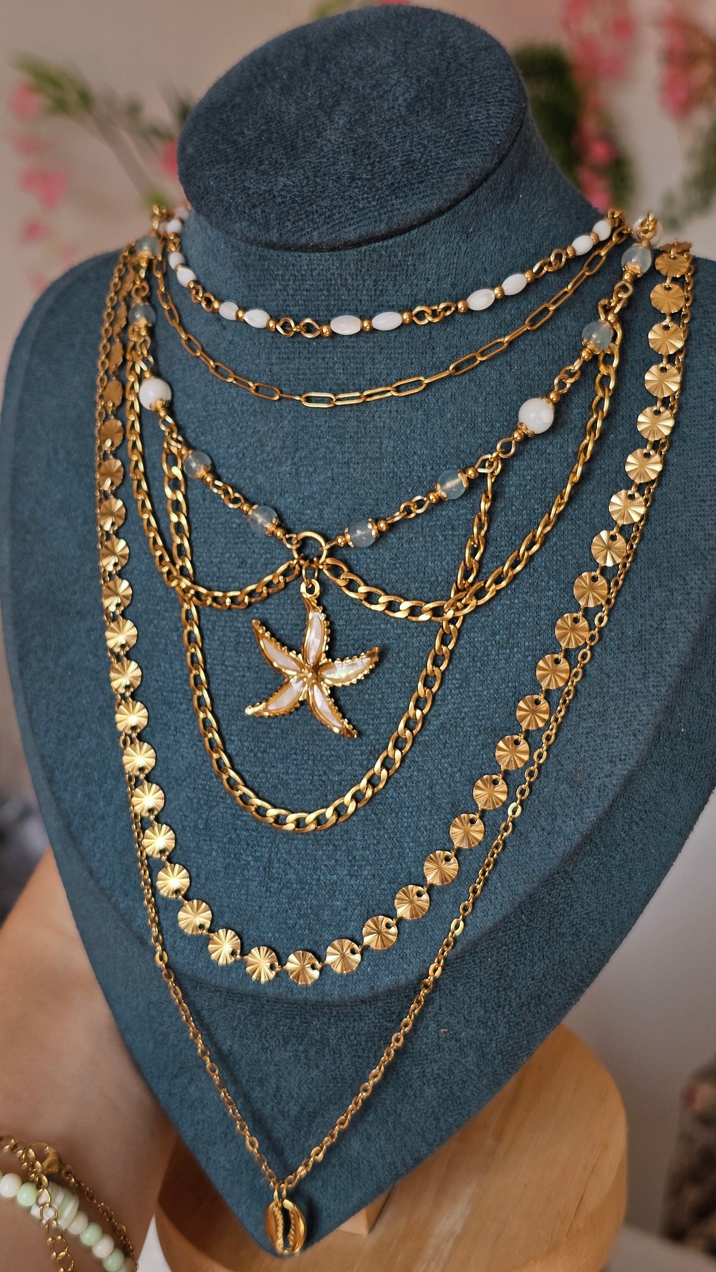 Collier Étoile de mer, Aigue-marine & perles nacrés