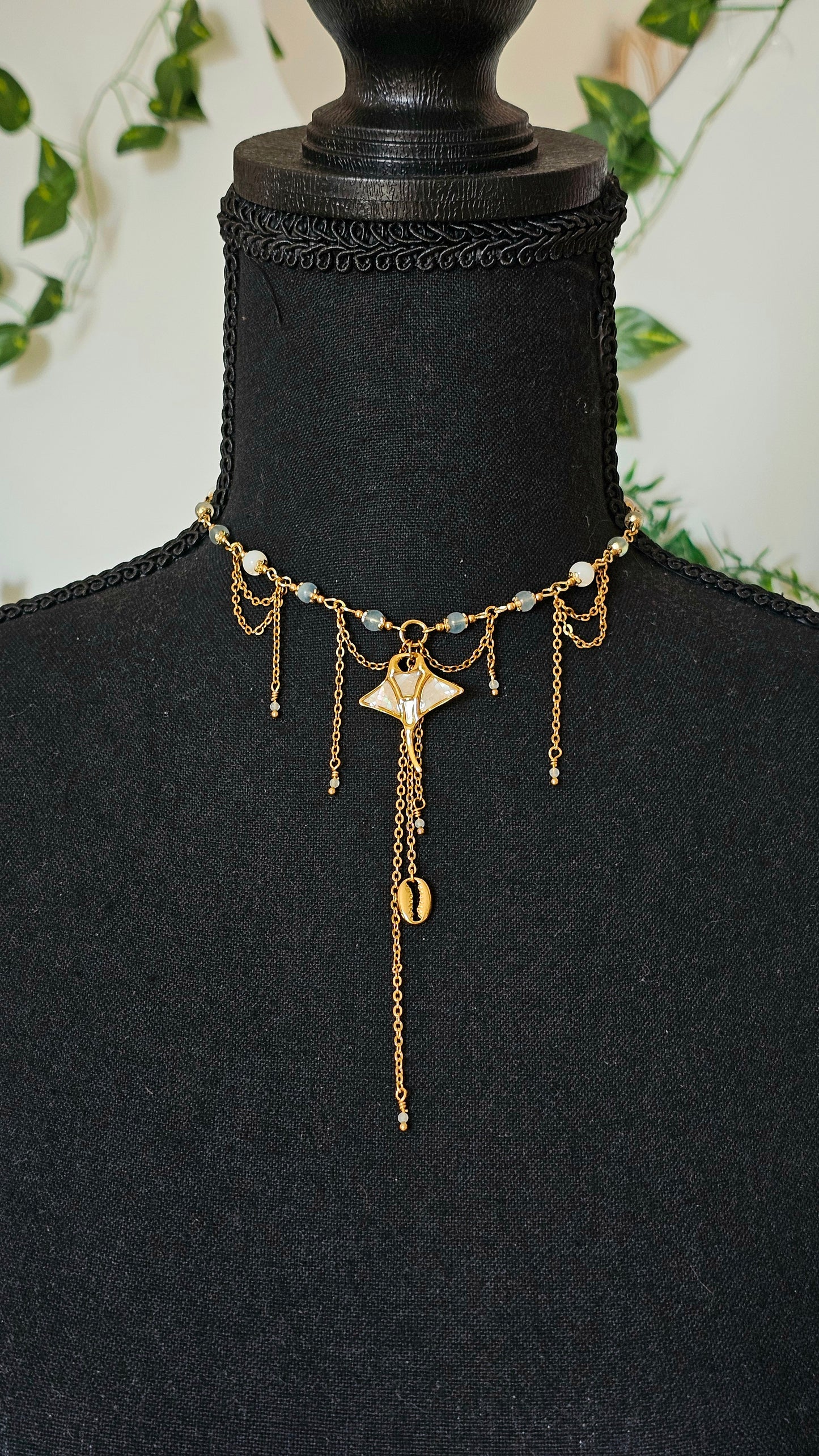 Collier Raie, Aigue-marine & perles nacrés
