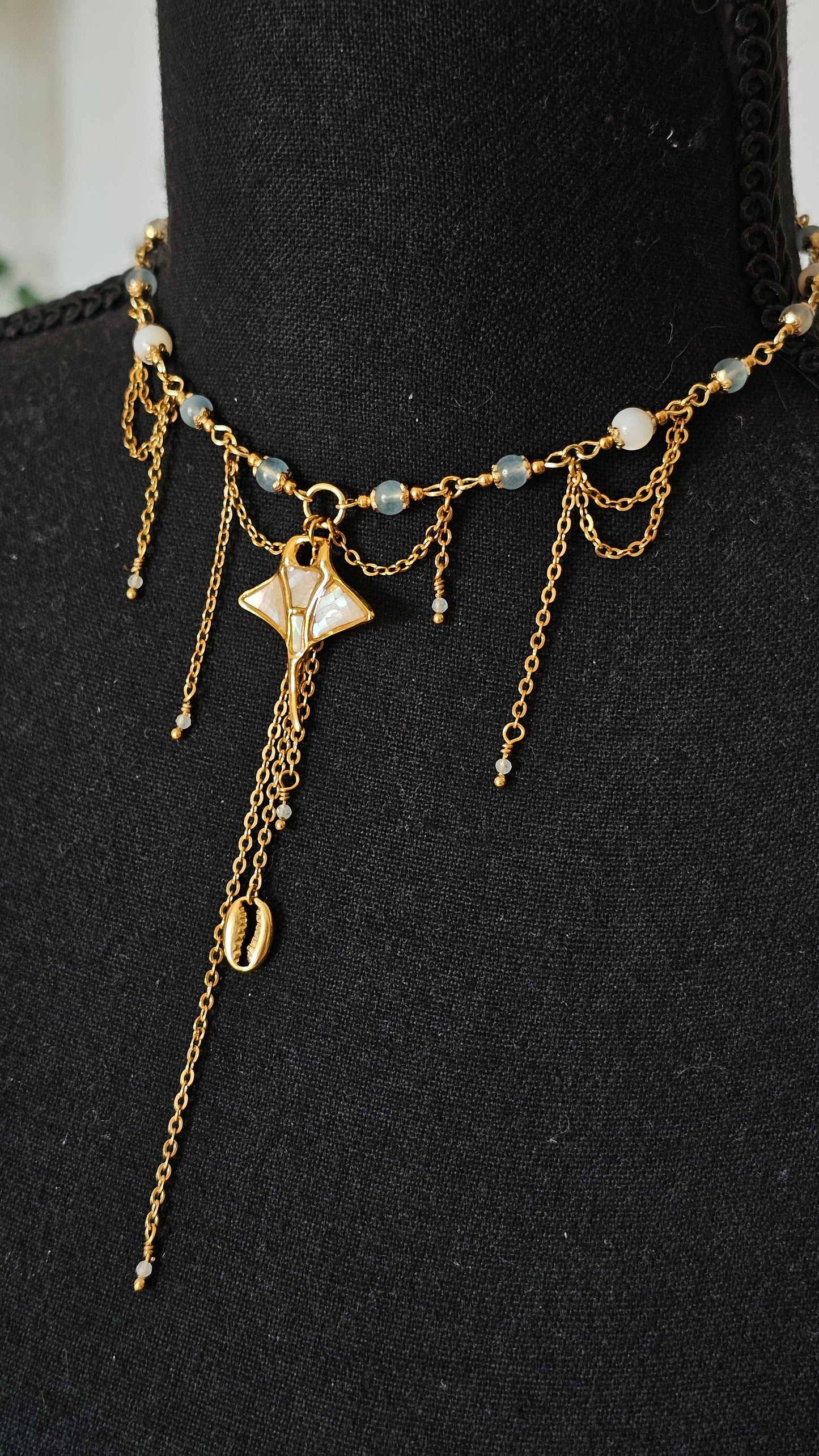 Collier Raie, Aigue-marine & perles nacrés
