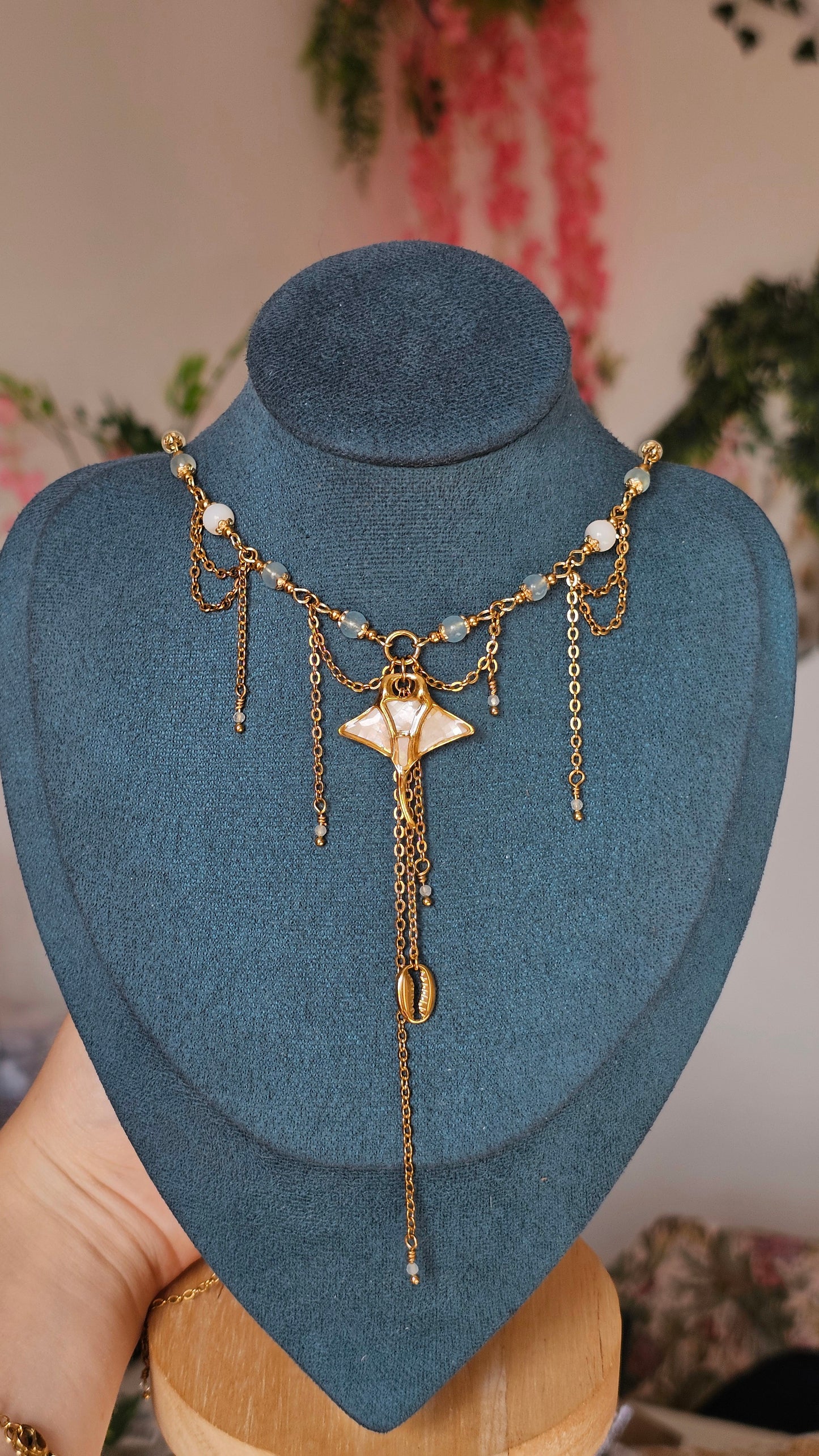 Collier Raie, Aigue-marine & perles nacrés