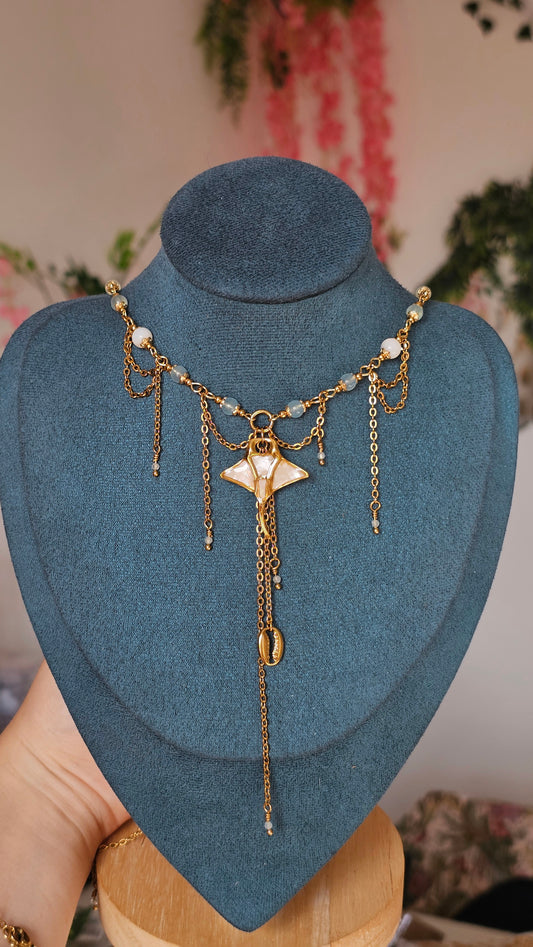 Collier Raie, Aigue-marine & perles nacrés