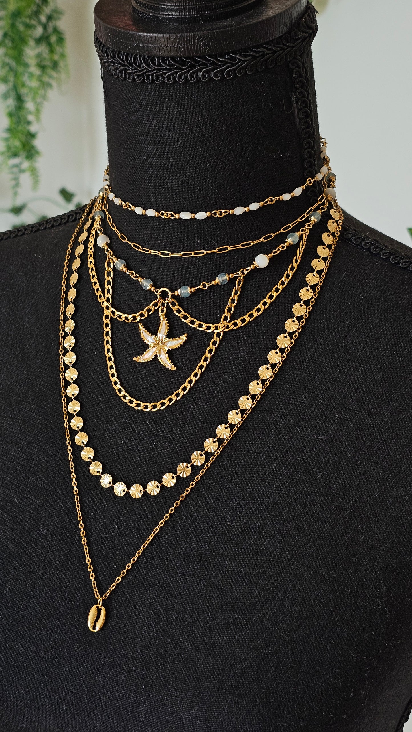 Collier Étoile de mer, Aigue-marine & perles nacrés