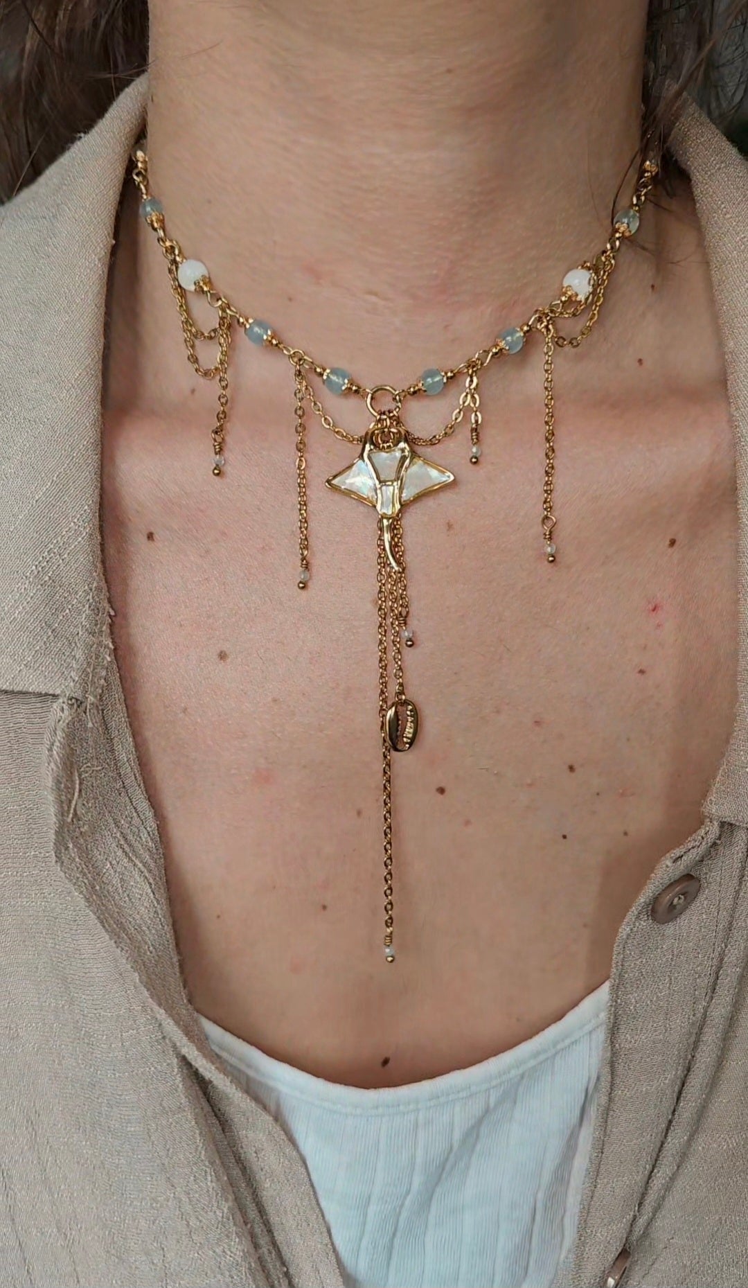 Collier Raie, Aigue-marine & perles nacrés