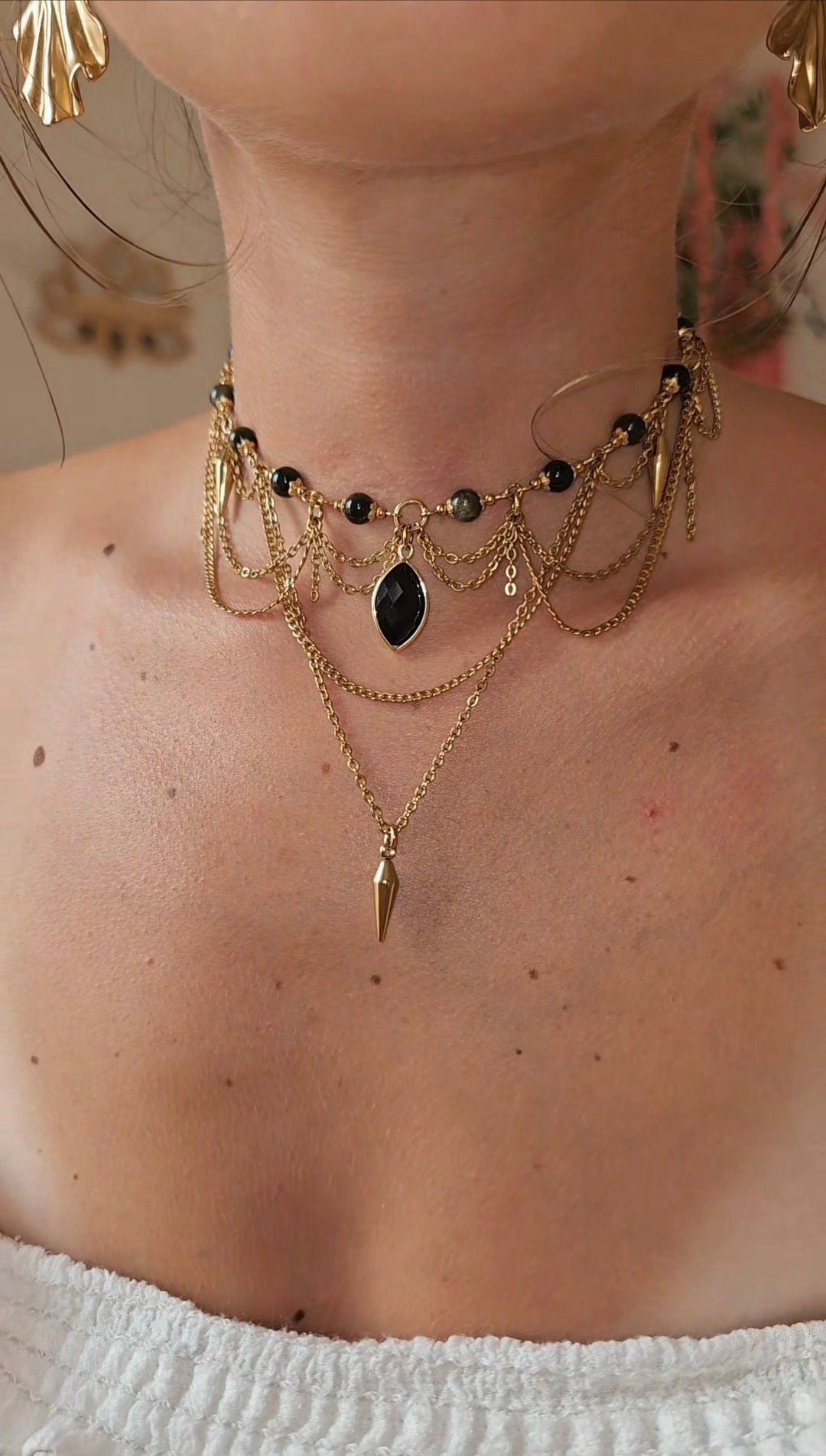 Collier "Naomi" Obsidienne noire/ reflets doré